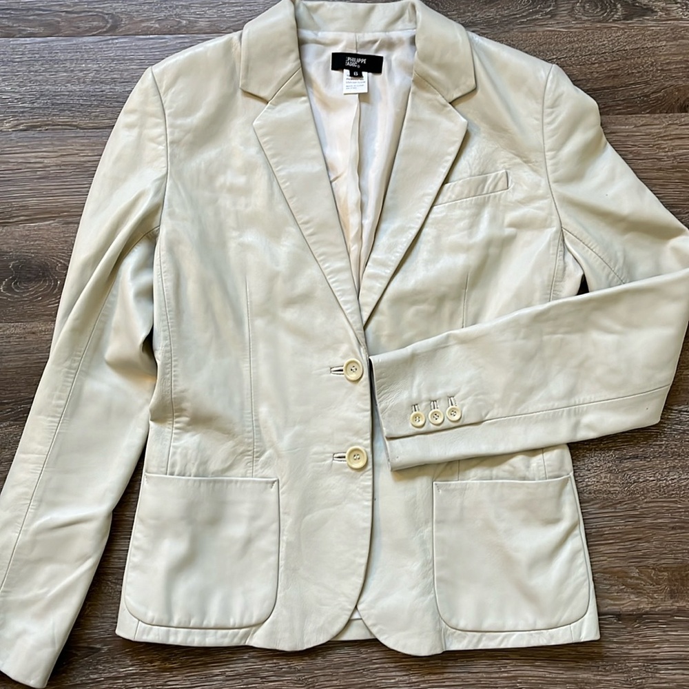 Philippe Adec Cream 100% Leather Blazer Jacket Double Button